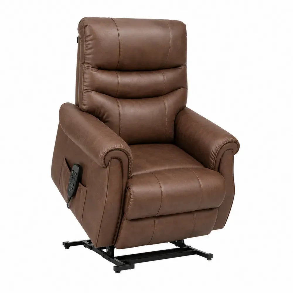 Sillón reclinable eléctrico tapizado en cuero sintético marrón con reposapiés extensible y base metálica 85 x 90 x 105 cm