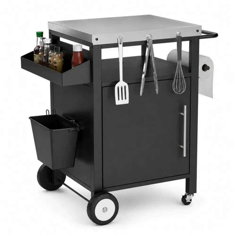Carrito de cocina exterior de acero con recubrimiento en polvo y superficie de acero inoxidable negro 85 cm x 50 cm x 90 cm con ruedas y ganchos