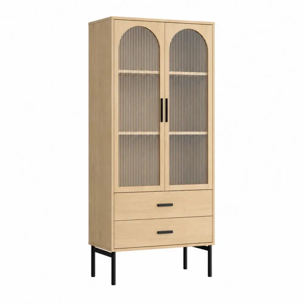 Aparador vertical con puertas arqueadas de vidrio estriado cajones de MDF efecto roble claro y patas negras 80 x 35 x 160 cm