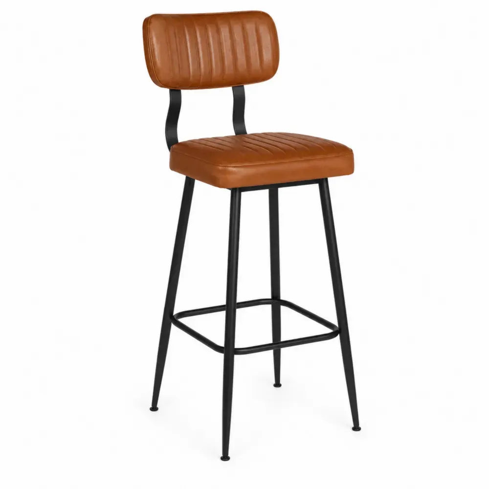 Taburete de bar con respaldo y asiento rectangular tapizados en PU marrón estructura de acero negro 95 x 45 x 50 cm