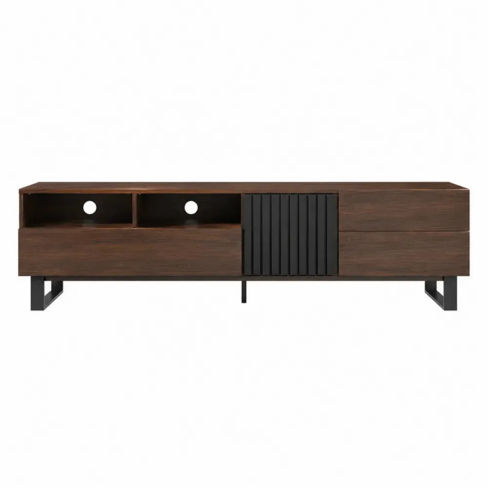 Mueble TV de madera nogal con estructura metálica negra 180 x 40 x 50 cm con puertas y cajones almacenamiento