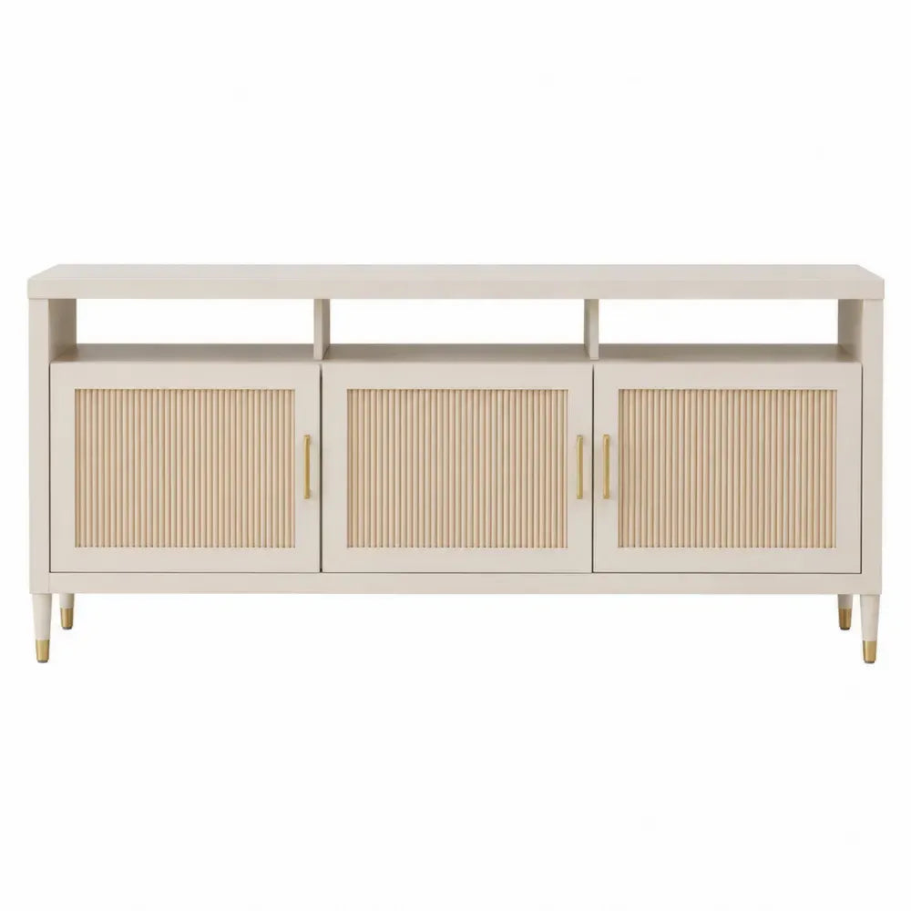 Mueble de TV de madera beige con 3 puertas y estante abierto estructura MDF patas de madera con detalles dorados 160 cm ancho 40 cm fondo 50 cm alto
