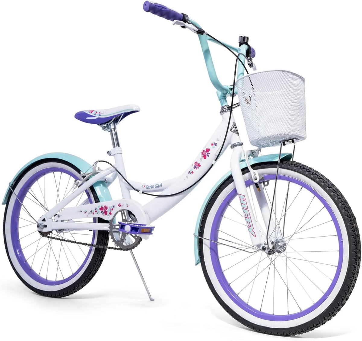 Bicicleta, 20 Pulgadas, para niñas de + Cesta, Color Blanco, Azul y Morado de 6 a 9 años