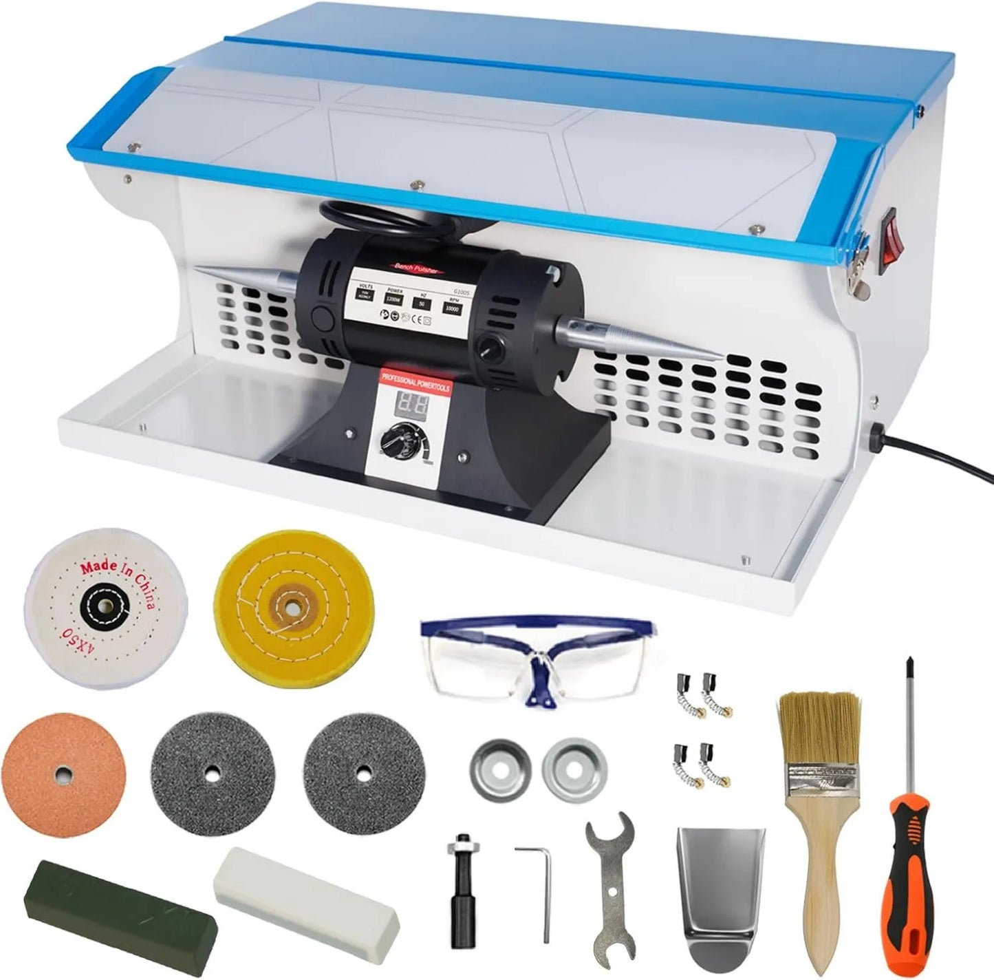 Pulidora de banco, pantalla digital, 800 W, Máquina pulidora de joyas, roca con colector de polvo, pulidora lapidaria para joyas