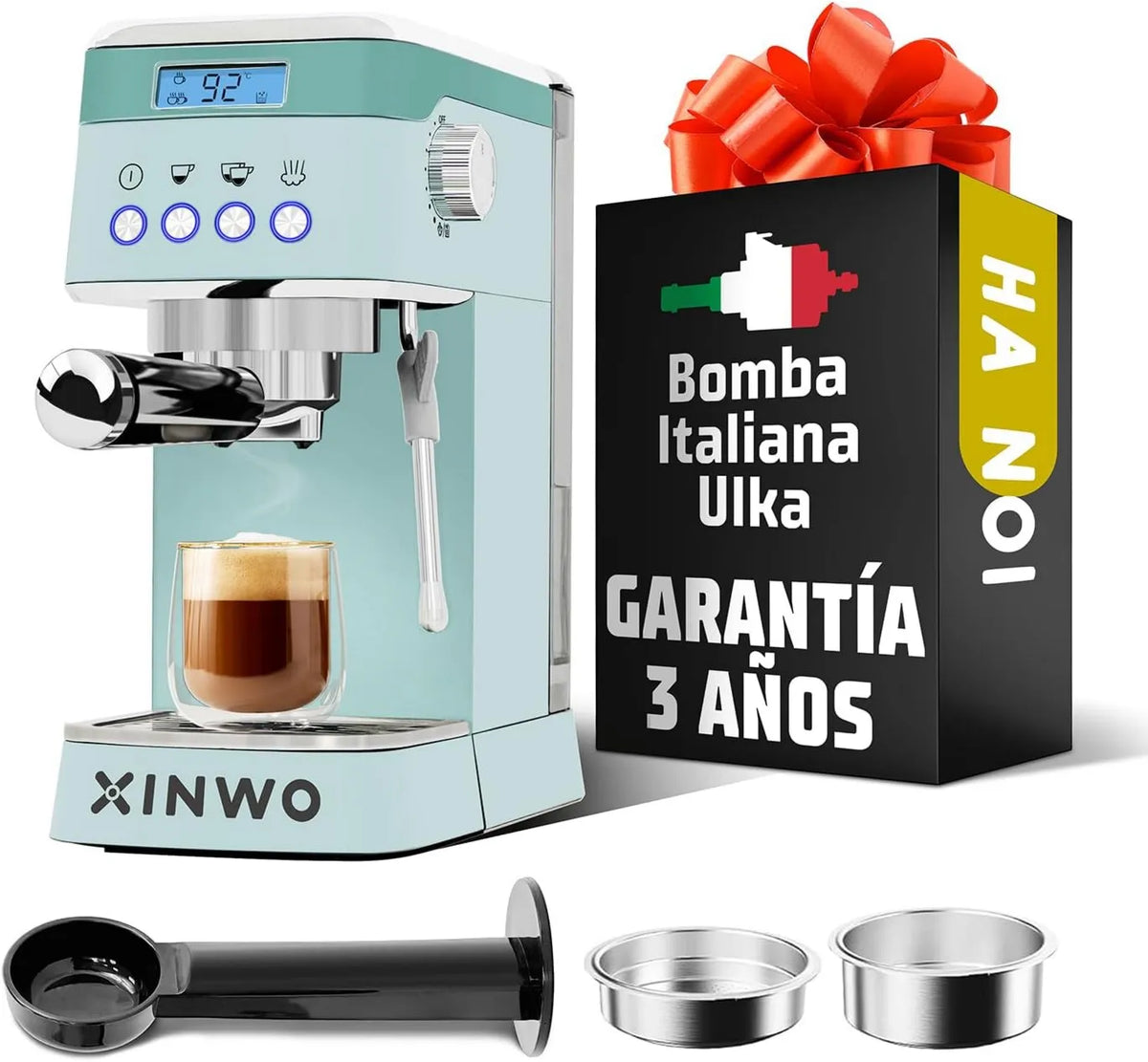 Cafetera, acero inoxidable, función de vapor, 1.2L, 20 Bar, Retro, Portafiltros Doble, Máquina de Café Automática con Accesorios