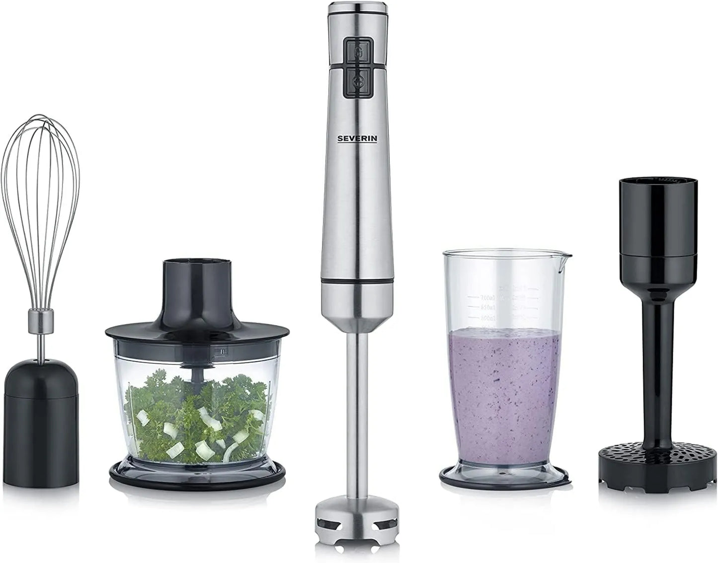 Severin SM 3775 batidora de mano, acero inoxidable, Batidora Portátil con Multiherramienta, Vaso de Mezcla, Triturador de Patatas y Varillas, Negro