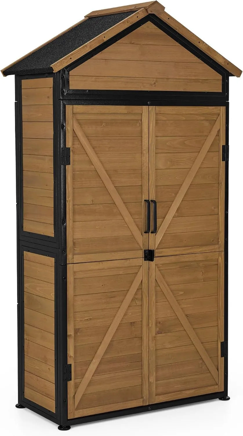 Armario de almacenamiento, 45 x 90 x 165 cm, Armario de Jardín de Madera M MCombo, Estructura Metálica, Resistente a la Intemperie, para Exteriores