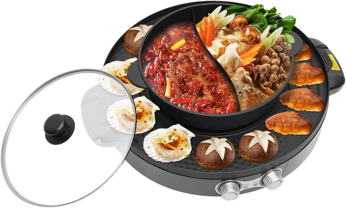 Parrilla eléctrica, 2200W, 220V, Olla caliente con función de BBQ, Olla eléctrica para hotpot, multifuncional con olla desmontable
