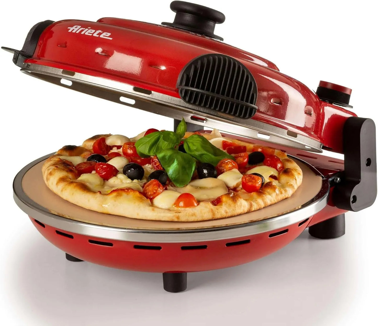 Horno eléctrico, 4 minutos, 1200 W, Horno para pizza en, 5 niveles temperatura, regulador de tiempo 30 minutos y temperatura, color rojo negro, 33 cm