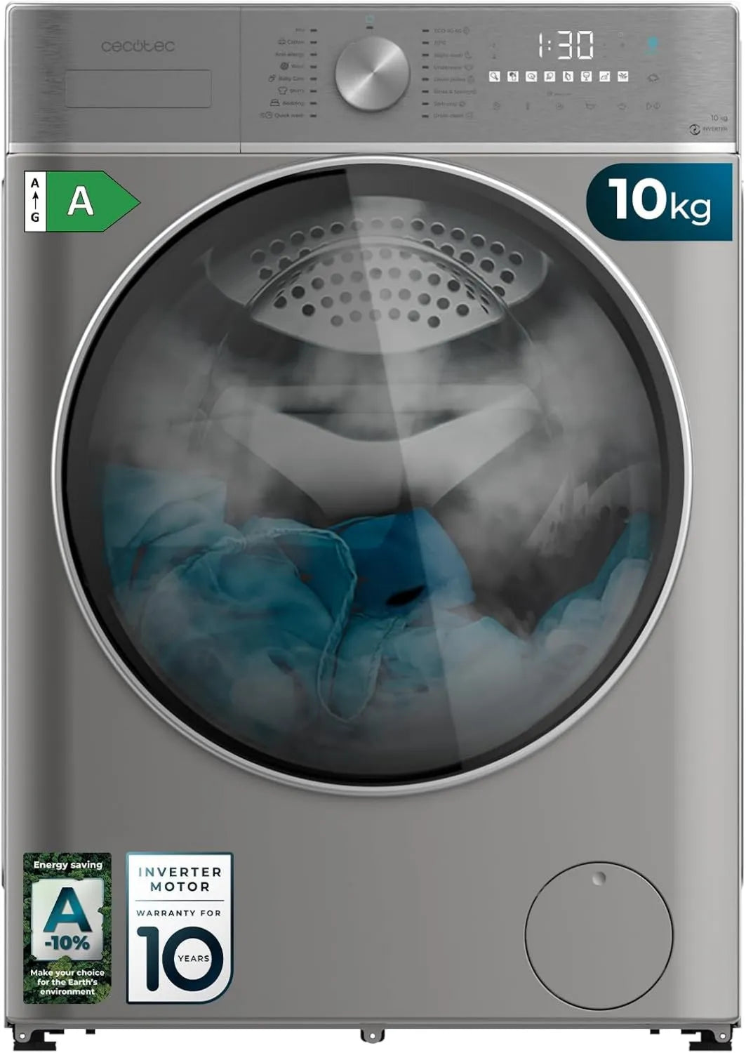 Cecotec 10800 lavadora, 10 Kg, 1400 rpm, 16 Programas, motor Inverter, función de vapor, plus, Vapor SteamMax, Lavado Inteligente y Detector de Carga