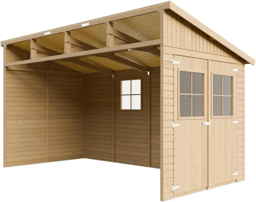 Cobertizo de jardín M340, 8 m², Madera sin Pared Lateral, H243x216x416 cm/ Cobertizo de Madera Natural, Taller de Jardín