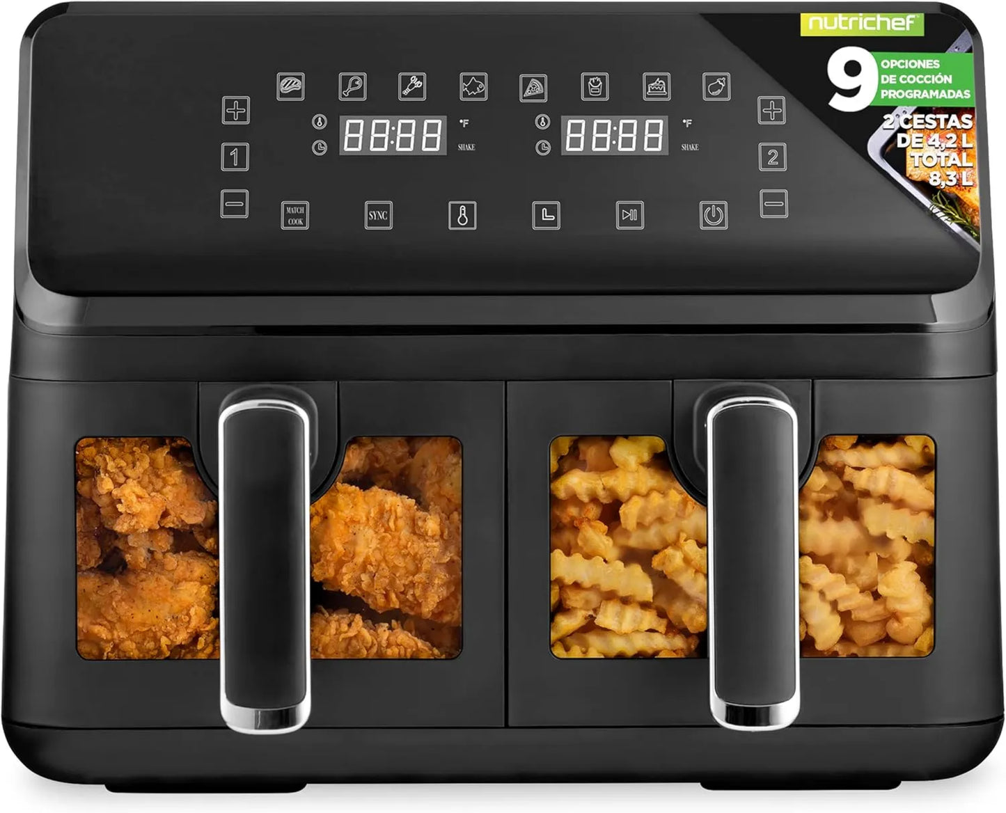 Freidora de aire, 8.3L, 4.1L, Nutrichef, Capacidad de por Cesta, 9 Modos de Cocción Preestablecidos, Tamaño Familiar