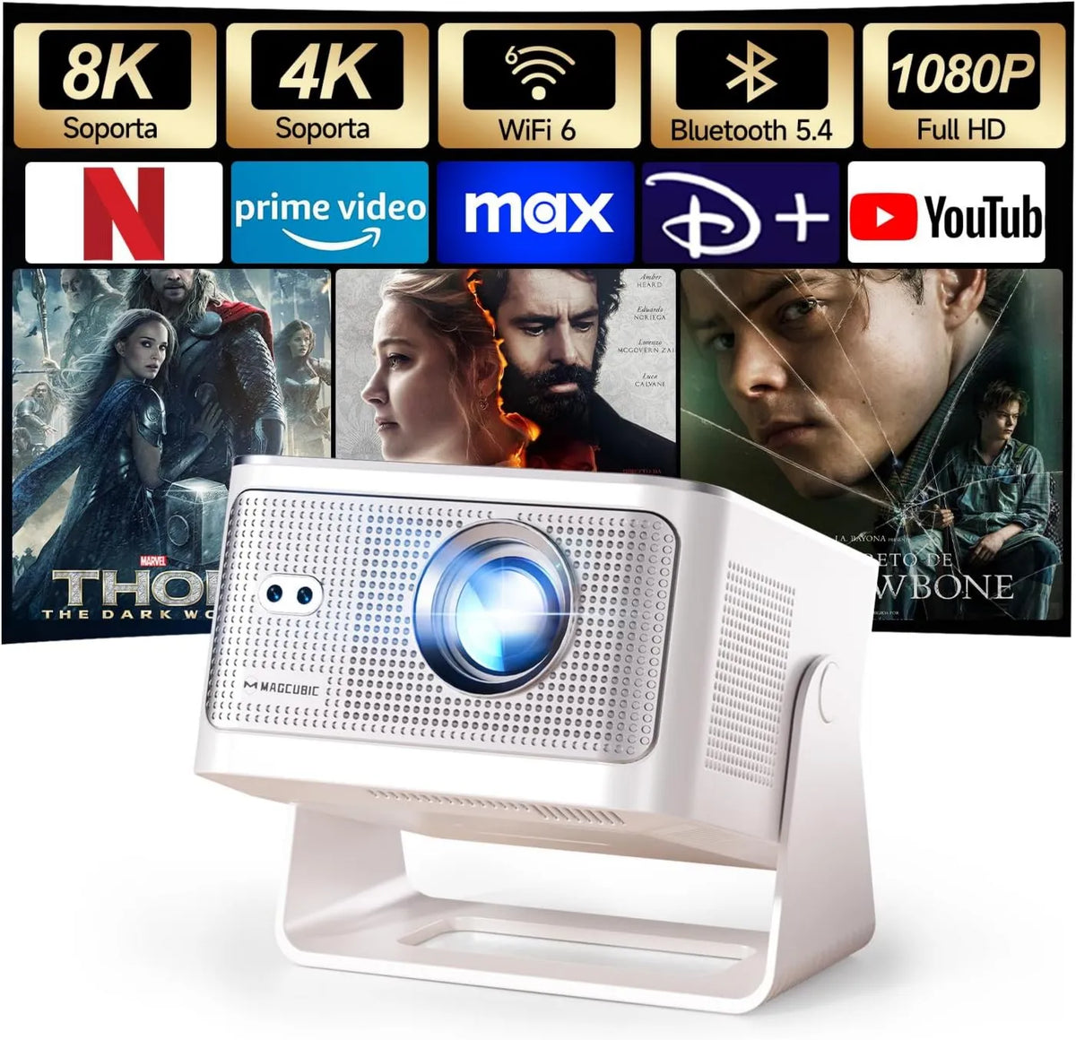 Proyector 1080P 600ANSI, 4K, 8K, WiFi 6, Bluetooth 5.4, control WiFi, conectividad Bluetooth, Mini & Soporte Nativo, Portátil, Enfoque Automático