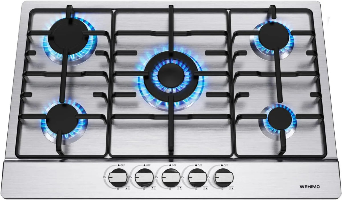 Placa de gas, acero inoxidable, compatible con gas natural y GLP, compatible con gas propano, 5 quemadores, cocina de gas, rejilla de hierro fundido