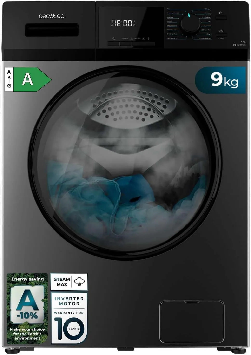 Cecotec lavadora, 9 kg, 1900W, 1400 rpm, Ajustable, Motor Inverter Plus, Bajo Consumo, Esterilización de Ropa, funcionamiento eficiente, 16 Programas