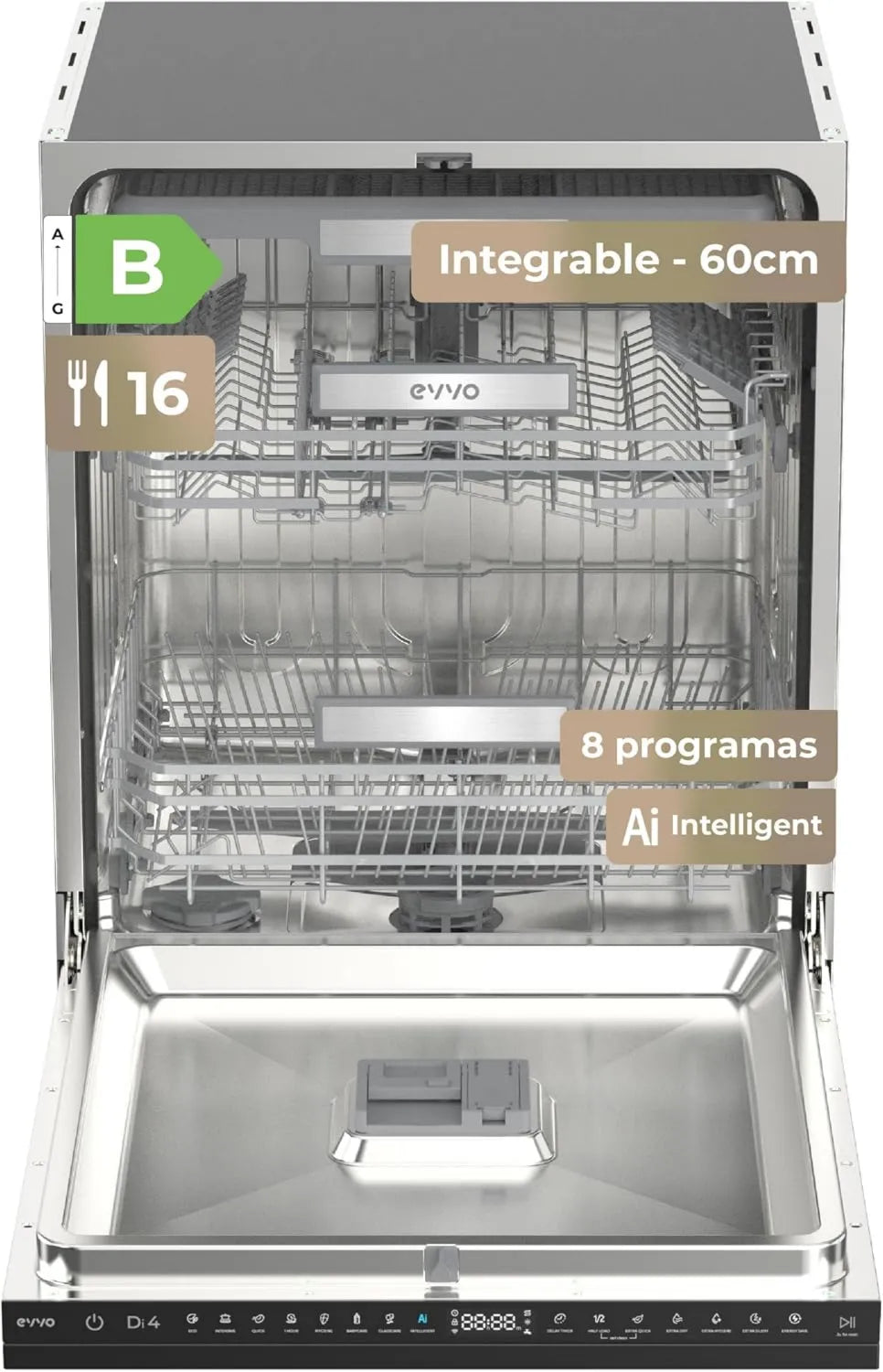 Lavavajillas, 45 dB, 60 cm, 8 Programas, Eficiencia Energética B, Apertura Automática, Luz Indicadora Fin de Ciclo