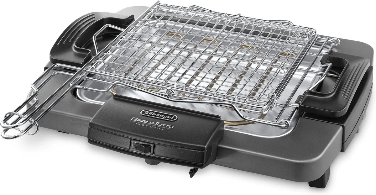 De'Longhi BQ60 parrilla eléctrica, Barbacoa Eléctrica con Doble Parrilla y Plancha, Mango Aislado, Doble Rotación, Bandeja de Goteo, Limpieza Fácil