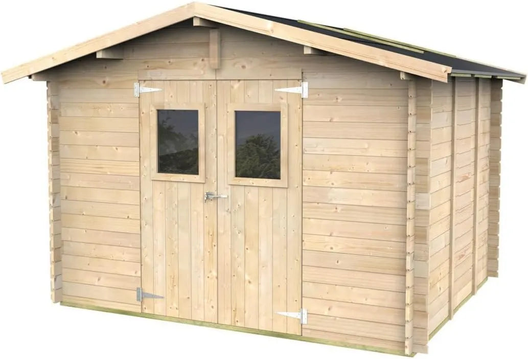 Cobertizo de jardín, 3 x 3 m, Jardín Carlotta de Madera con Puerta Doble Acristalada, Bloque de Abeto Natural, Fabricado en Italia