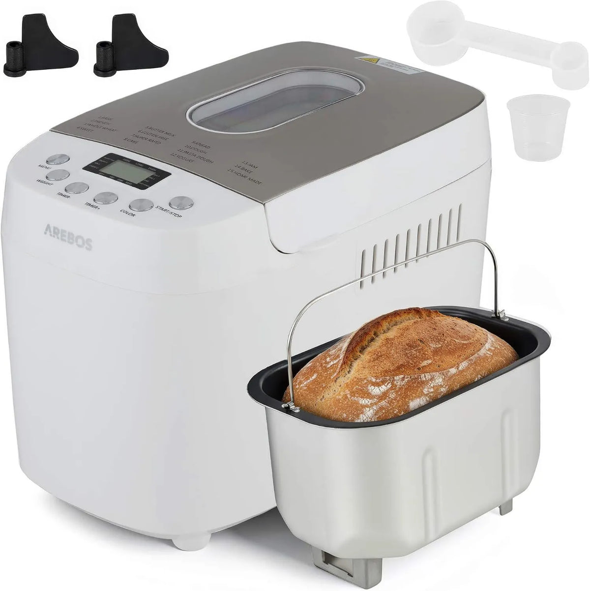 Panificadora, 1500g, 850 W, 15 Programas, 3 Niveles, control programable, AREBOS, 2 Ganchos de Amasar, Tostado y Tamaños de Pan