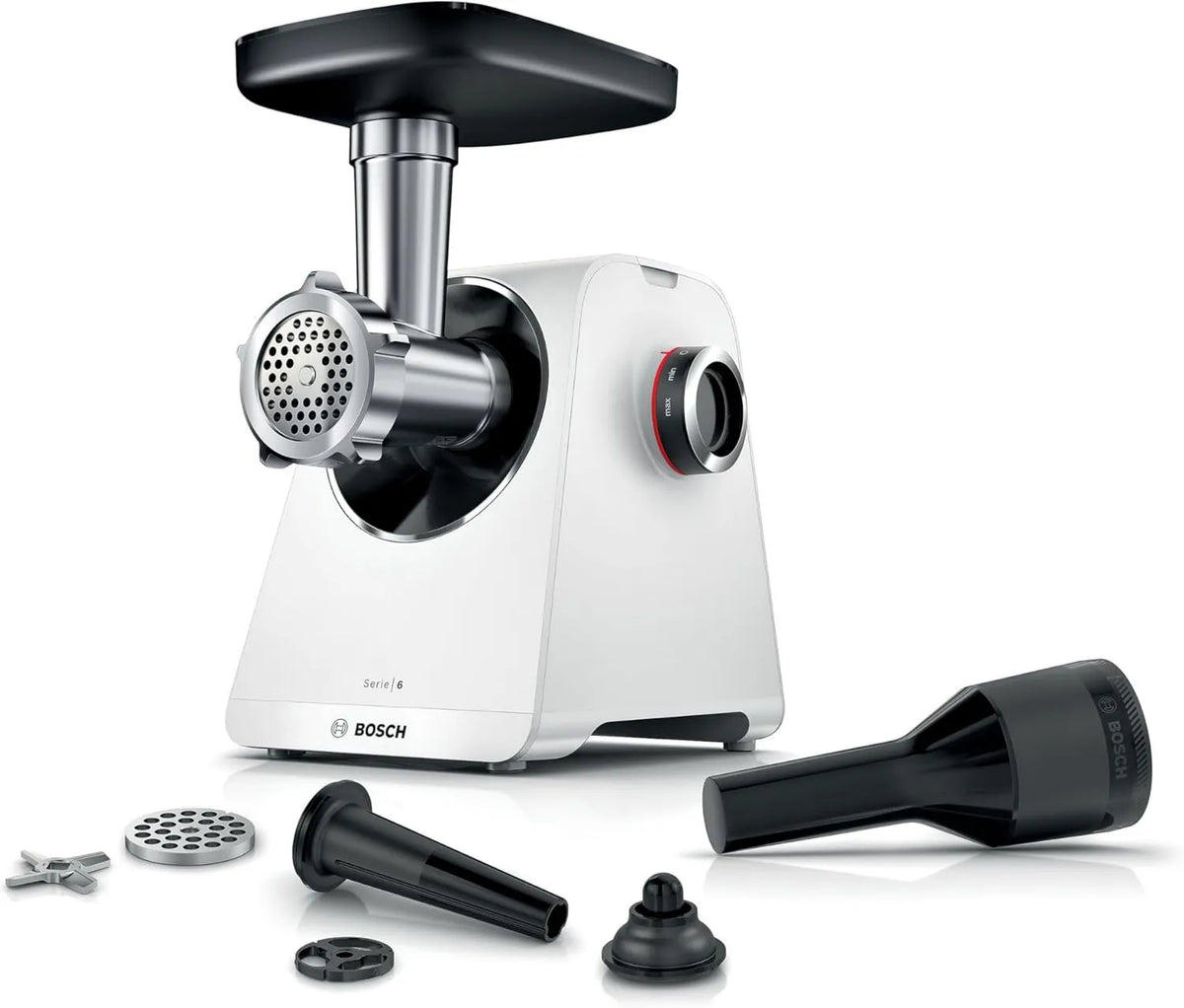 Bosch MFWS607W picadora de carne, 3,5 kg, 8 mm, 2 niveles, Serie 6, 2 discos perforados, apisonador de salchichas, accesorio para kebbe
