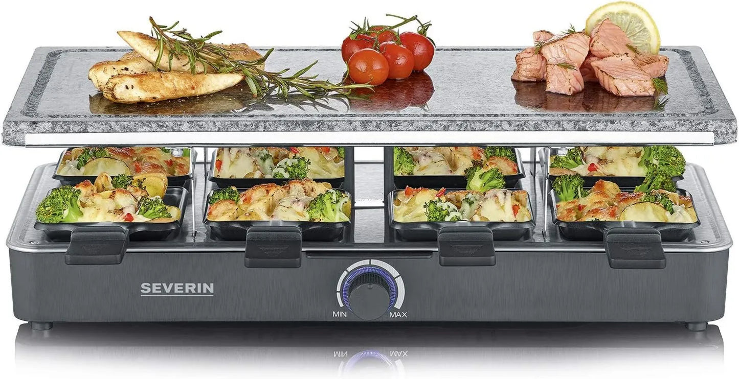 Severin RG 2372 parrilla eléctrica, 1400 W, Raclette con piedra natural, parrilla reversible con superficie de piedra y 8 sartenes antiadherentes