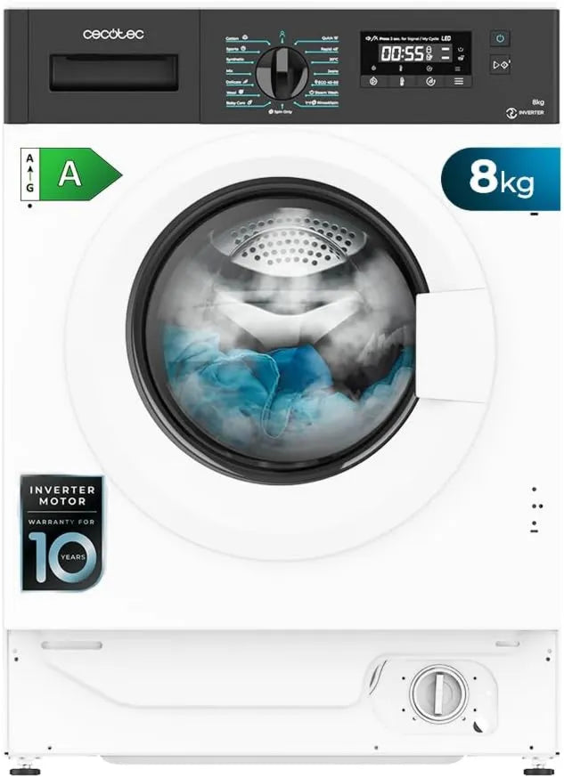 Cecotec lavadora, control programable, pantalla digital, motor Inverter, Inicio diferido, funcionamiento eficiente, función de vapor, 8 Kg, 1950 W