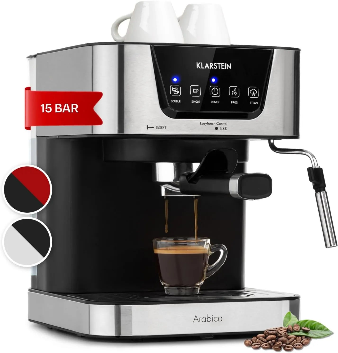 Klarstein cafetera espresso, función de vapor, 1.5 L, 15 Bar, 1050W, Espresso Maker con Vaporizador de Leche, Máquina para Café Molido