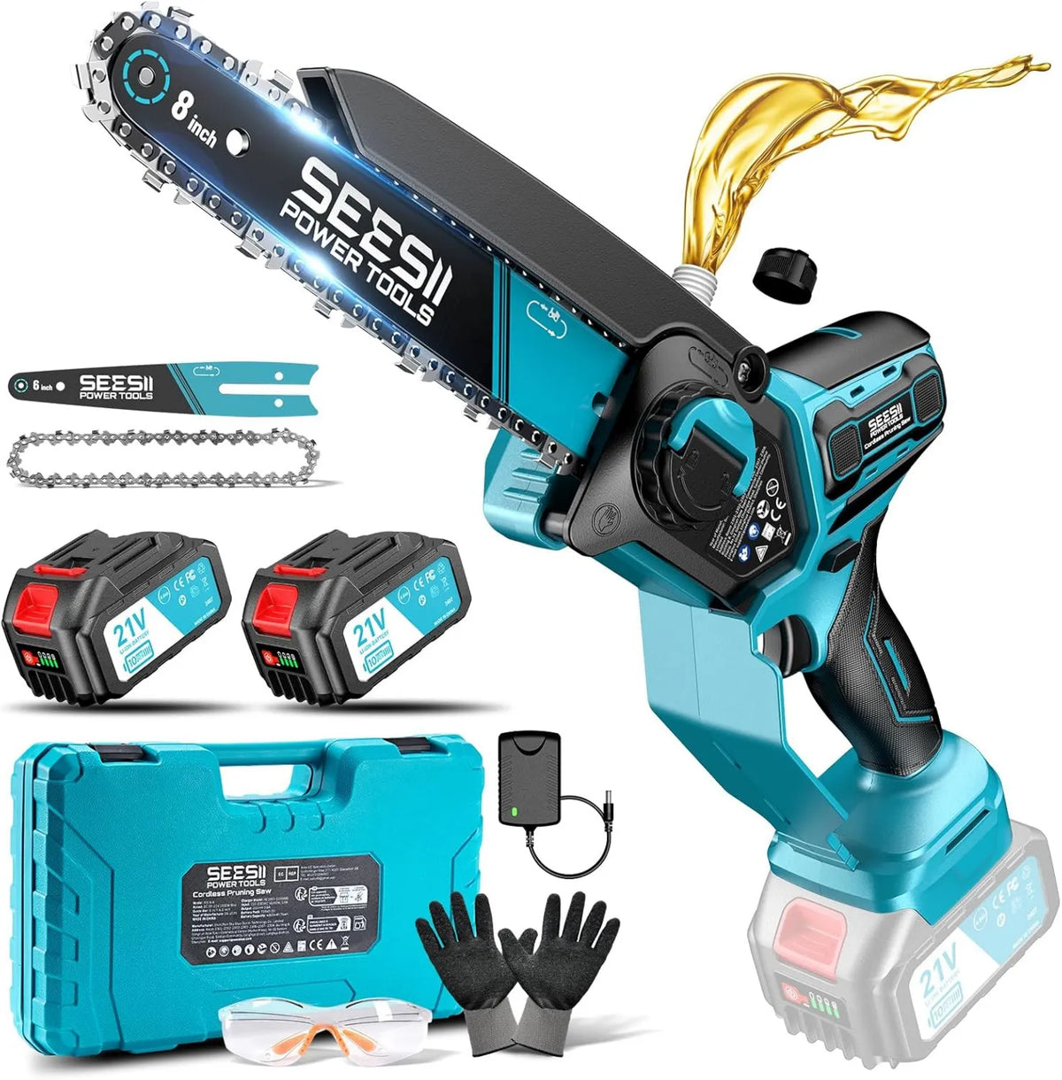 Motosierra SEESII 6, 1000W, 4000mAh, 8 Pulgadas, Brushless, Mini con 2* Batería, Sierra Eléctrica para Podar con Lubricación Automática