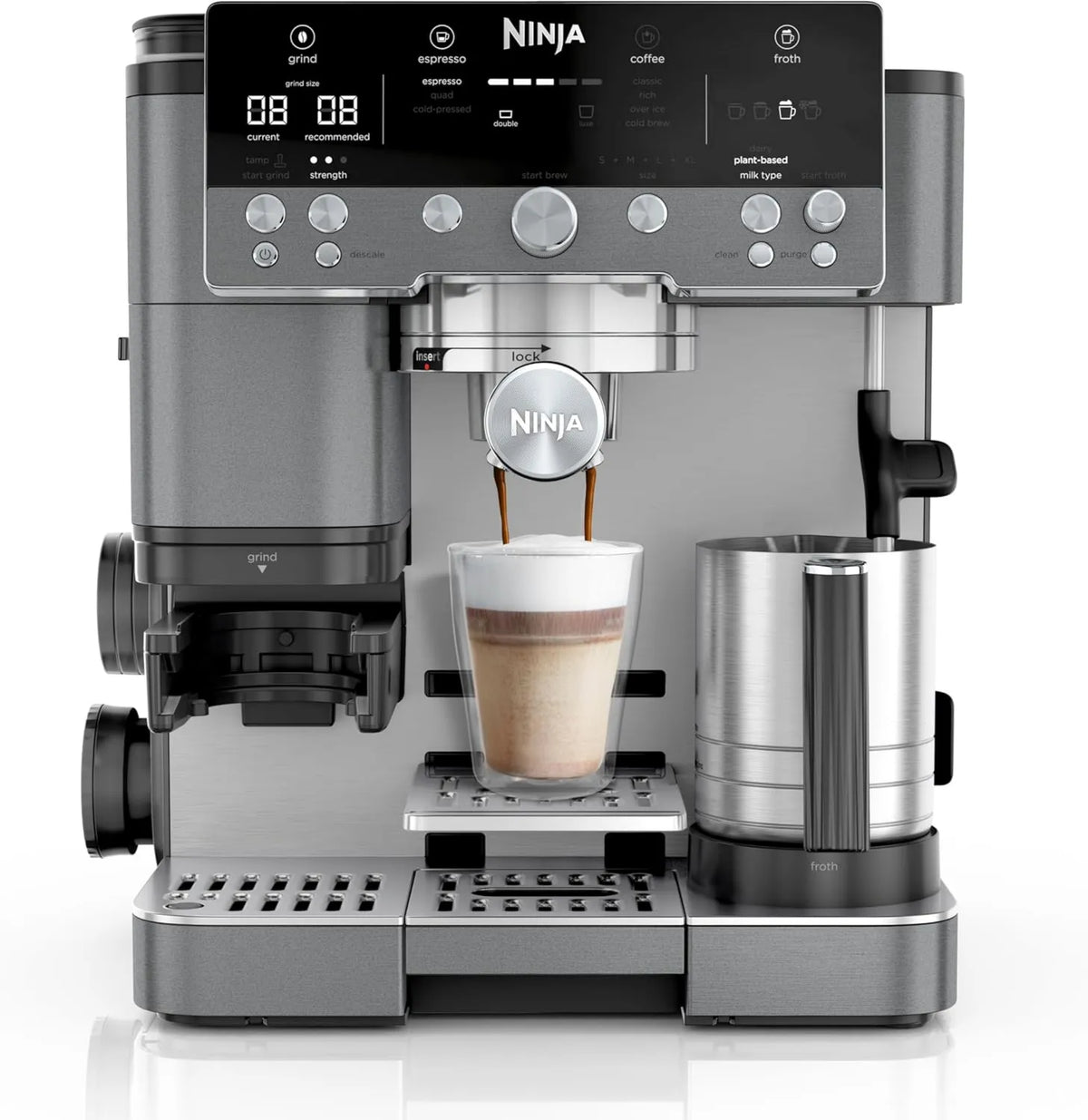 Ninja ES601EUGM cafetera, Luxe Premier 3 en 1, para café expreso, prensado en frío y de filtro, 4 preajustes de espuma automatizados, Gris metalizado