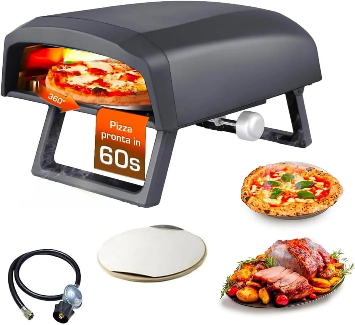 Horno eléctrico, acero inoxidable, 4000 W, 1 m, 64 x 44 x 31,5 cm, pizza con placa giratoria de 360°, resistente con doble quemador