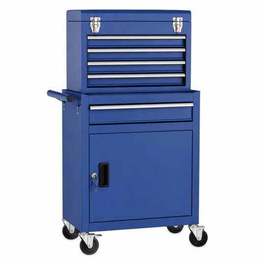 Carro de herramientas de acero con recubrimiento en polvo con ruedas cajones con cerradura color azul 70 cm x 45 cm x 90 cm
