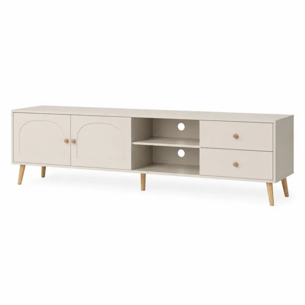 Mueble de TV con puertas y cajones MDF acabado beige patas de madera maciza de roble 180 cm ancho 40 cm fondo 50 cm alto
