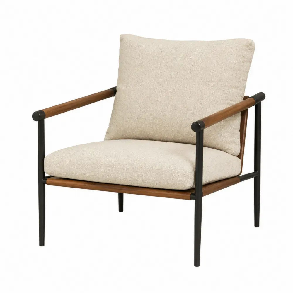 Silla tapizada con reposabrazos de madera estructura de acero negro asiento beige 60 cm ancho 58 cm profundidad 85 cm alto