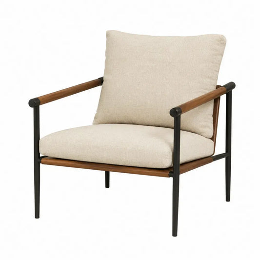 Silla tapizada con reposabrazos de madera estructura de acero negro asiento beige 60 cm ancho 58 cm profundidad 85 cm alto
