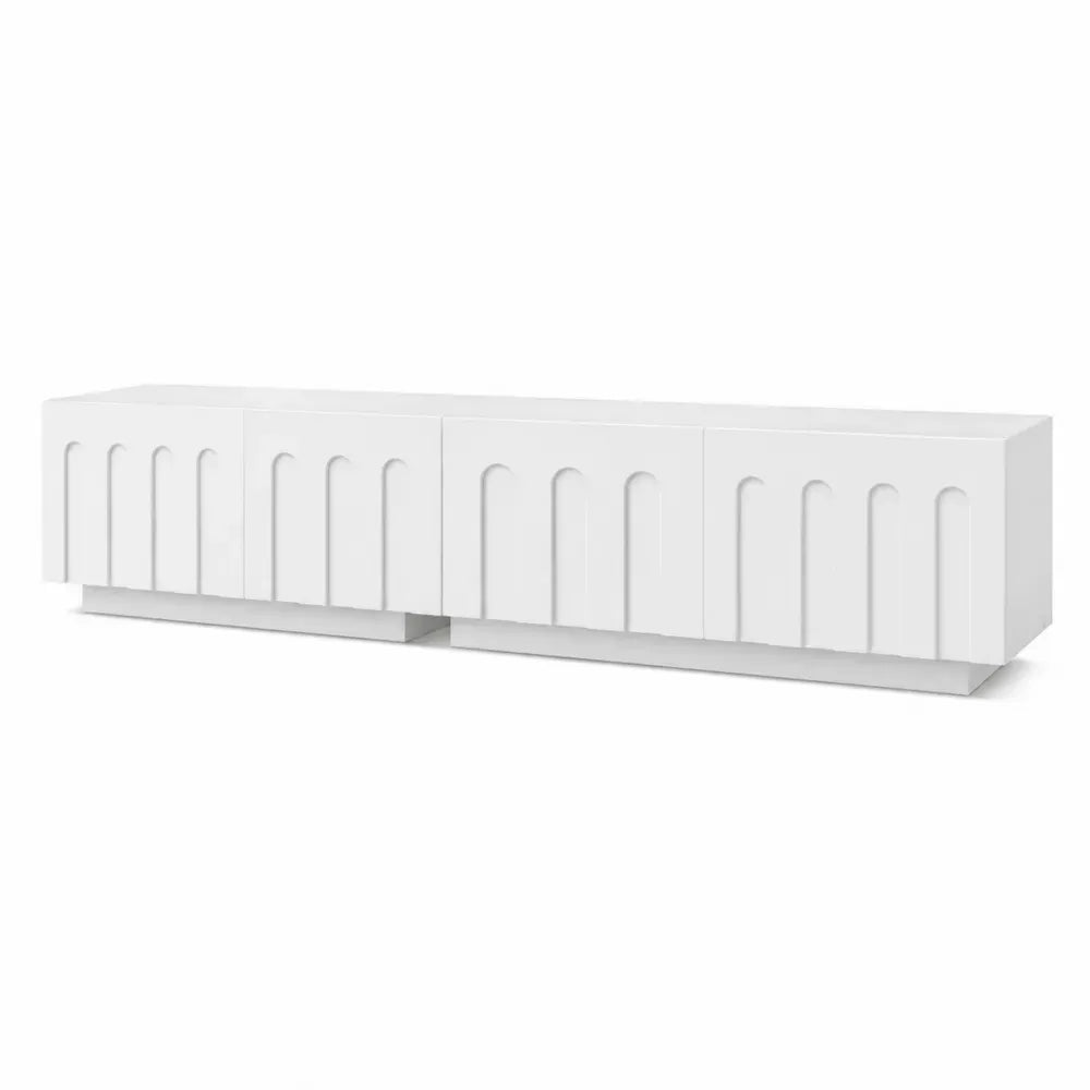 Mueble bajo para TV de MDF blanco mate con puertas acanaladas sin tiradores 200 x 40 x 35 cm