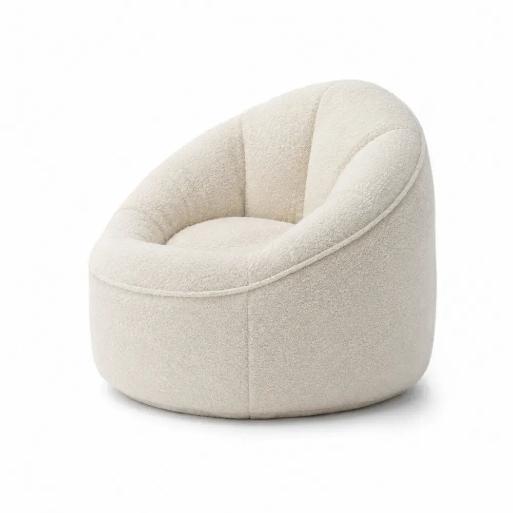 Sillón tapizado tipo barril tejido bouclé beige 78 cm ancho 80 cm profundidad 75 cm alto estructura de madera contrachapada