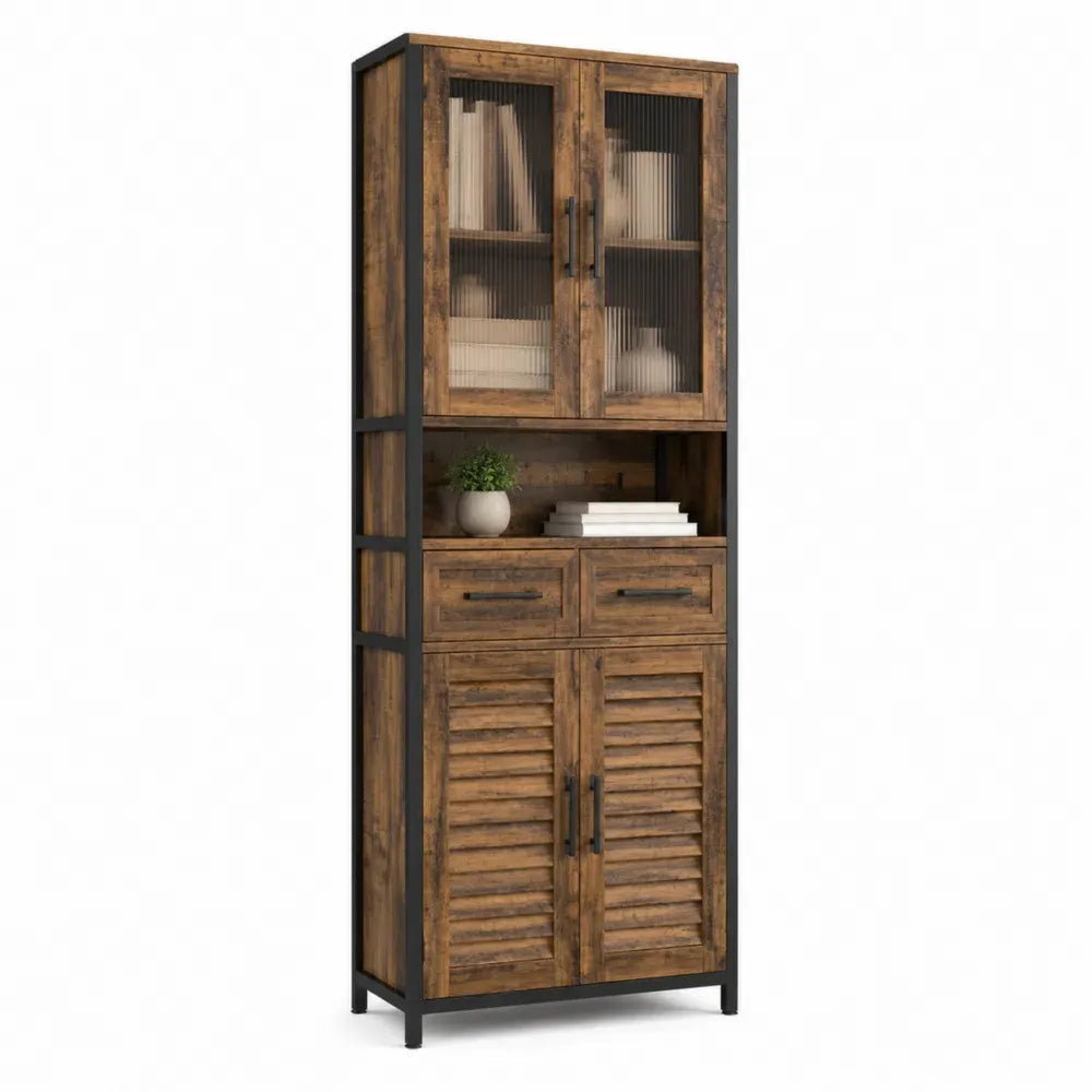Aparador vertical con puertas de vidrio estriado cajones armario inferior de MDF efecto madera marrón y estructura negra 180 x 60 x 40 cm
