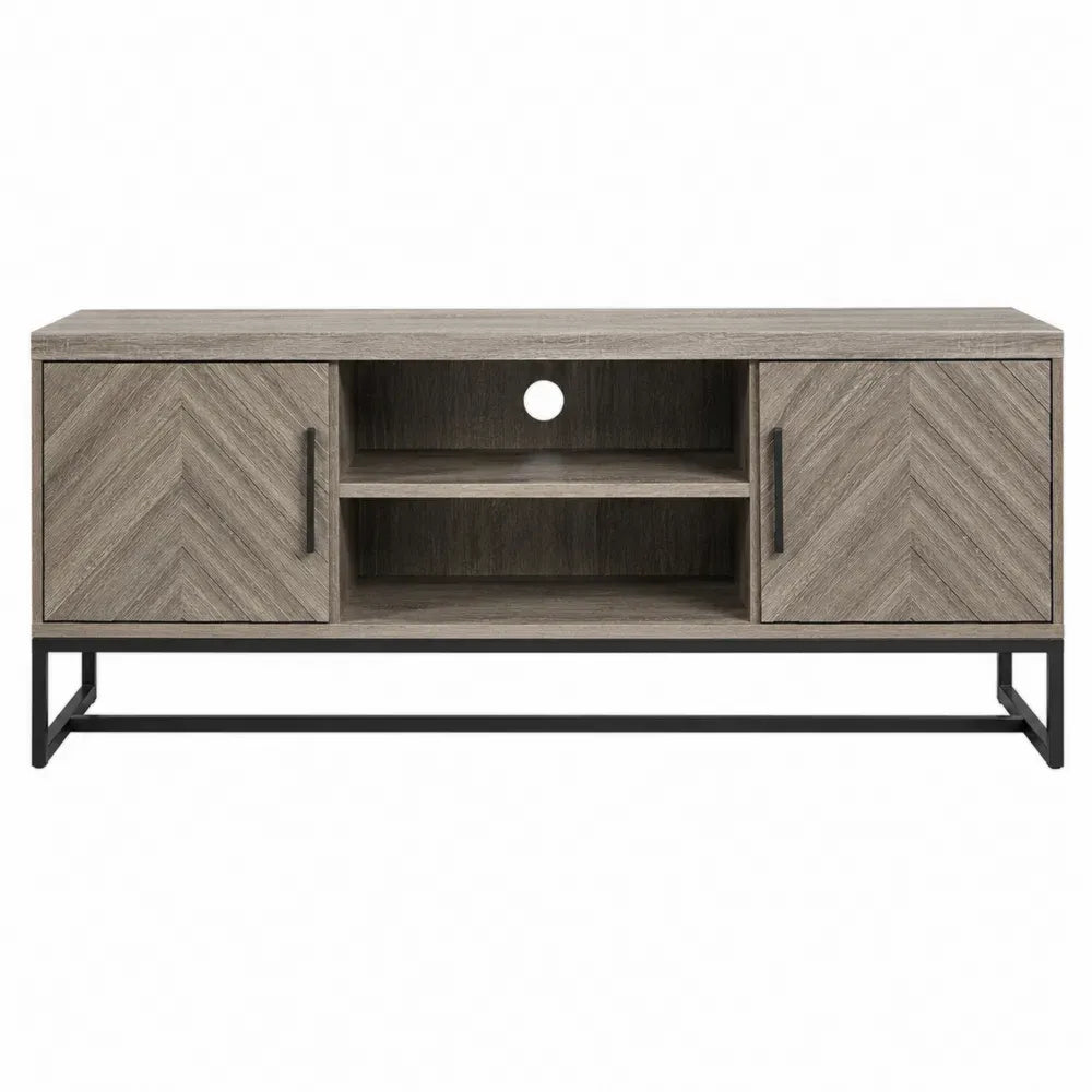 Mueble TV de salón con 2 puertas y estantes de madera MDF efecto roble gris con estructura metálica 160 x 40 x 55 cm