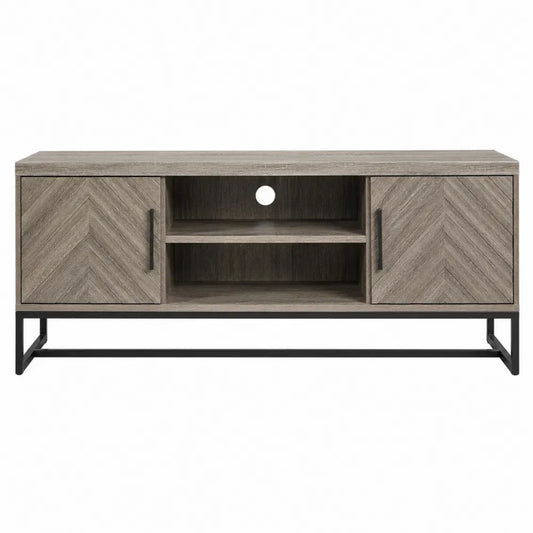 Mueble TV de salón con 2 puertas y estantes de madera MDF efecto roble gris con estructura metálica 160 x 40 x 55 cm
