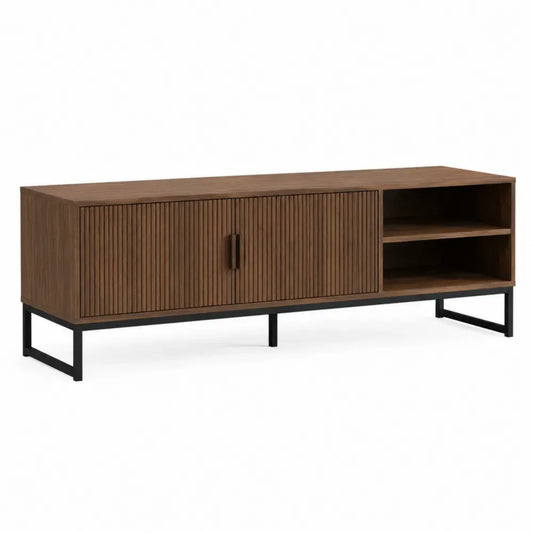 Mueble de TV con puertas correderas ranuradas madera marrón estructura metálica negra 180 cm ancho 40 cm fondo 50 cm alto