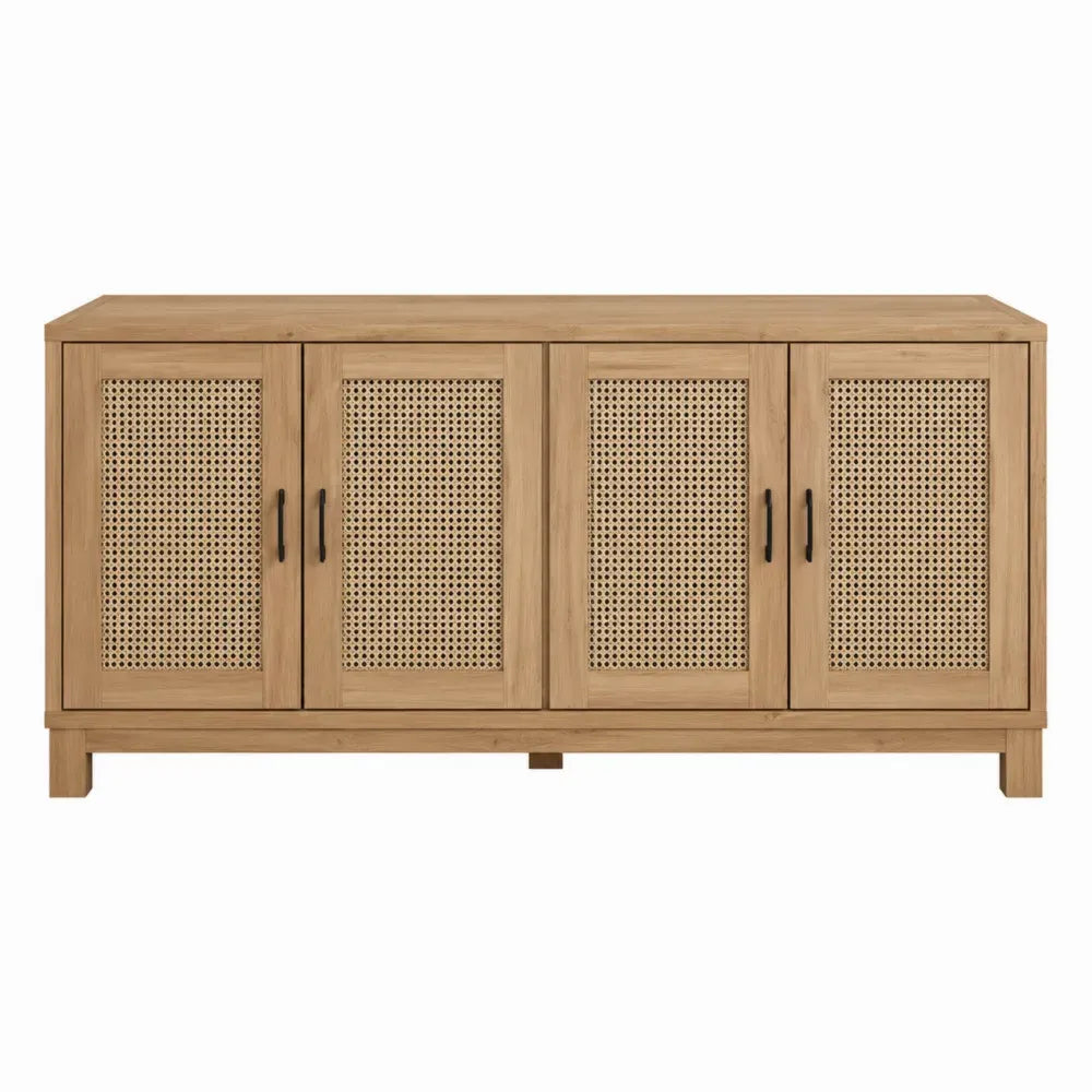 Mueble para TV de madera de pino con cuatro puertas de ratán natural tiradores negros color madera natural 180 x 40 x 75 cm