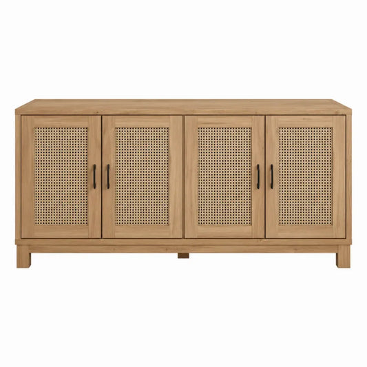 Mueble para TV de madera de pino con cuatro puertas de ratán natural tiradores negros color madera natural 180 x 40 x 75 cm