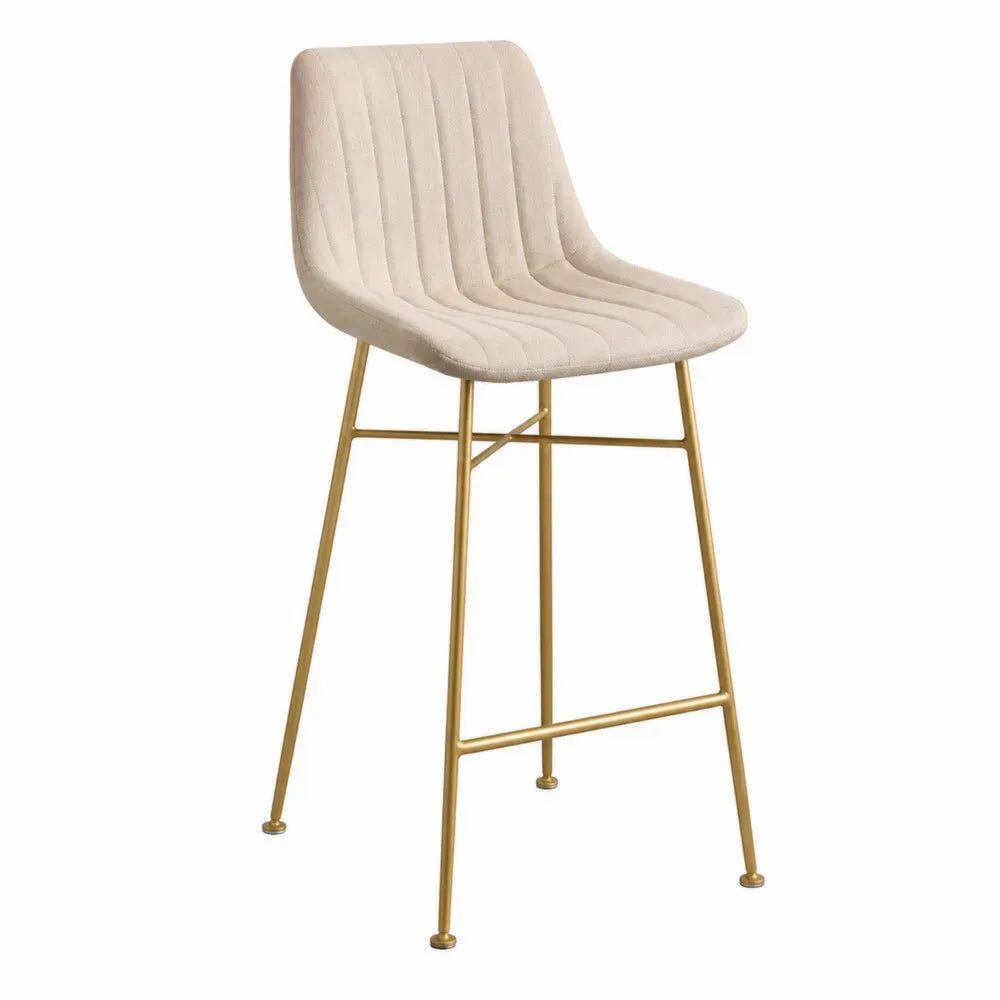 Taburete de bar con respaldo asiento tapizado tejido poliéster estructura de acero dorado base de cuatro patas reposapiés integrado 50 cm ancho 52 cm fondo 95 cm alto color beige dorado