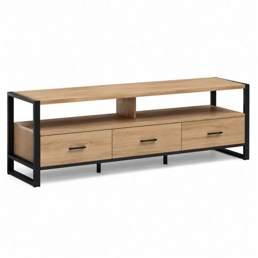 Mueble de TV con 3 cajones y estante abierto madera natural MDF con estructura metálica negra 180 x 40 x 50 cm
