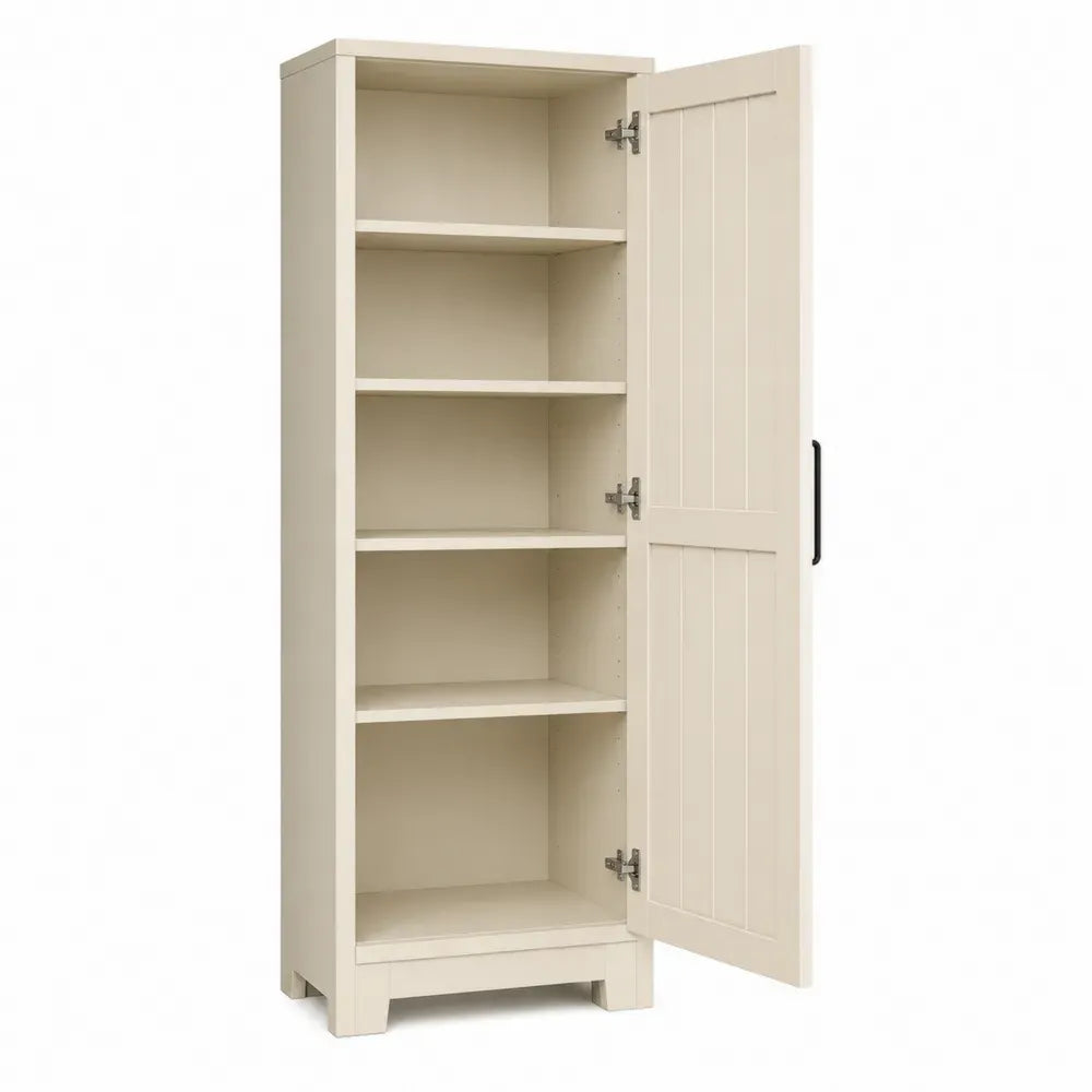 Armario de almacenamiento con puerta abatible estantes interiores MDF acabado crema 80 cm ancho 40 cm fondo 170 cm alto con patas de madera