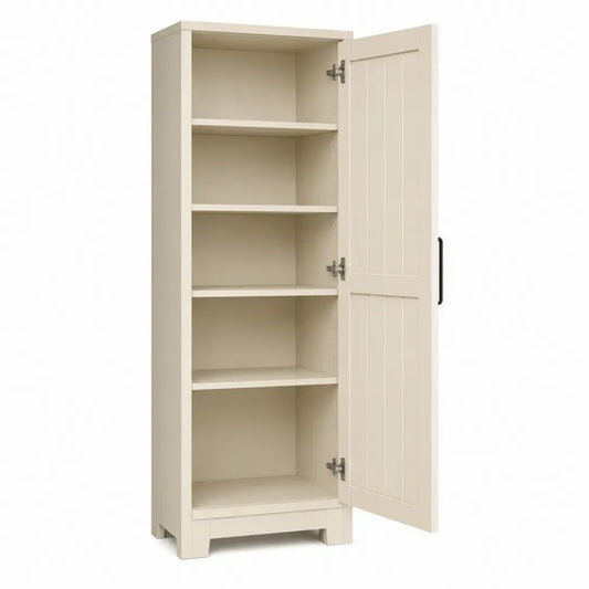 Armario de almacenamiento con puerta abatible estantes interiores MDF acabado crema 80 cm ancho 40 cm fondo 170 cm alto con patas de madera
