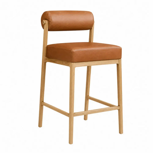 Taburete de bar tapizado en PU marrón coñac con respaldo cilíndrico y estructura de madera de caucho natural 50 x 52 x 100 cm