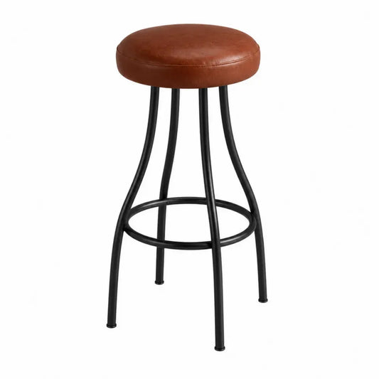Taburete de bar asiento redondo cuero PU estructura de acero negro con reposapiés circular 65 cm alto 32 cm diámetro marrón negro