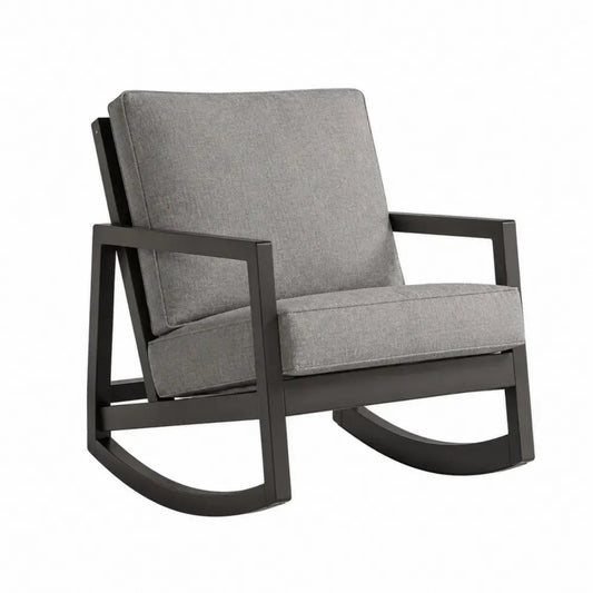 Sillón mecedora de salón tapizado tejido gris estructura de metal negro y madera con base balancín 75 cm ancho 80 cm profundidad 85 cm alto