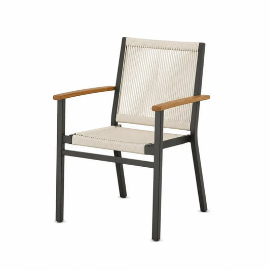 Silla con brazos de cuerda trenzada beige estructura de acero negro y reposabrazos de madera natural 58 x 62 x 85 cm